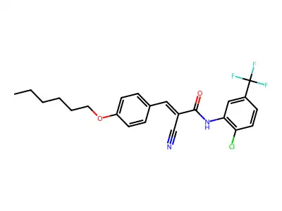 (E)-N-[2-chloro-5-(trifluoromethyl)phenyl]-2-cyano-3-(4-hexoxyphenyl)prop-2-enamide structure