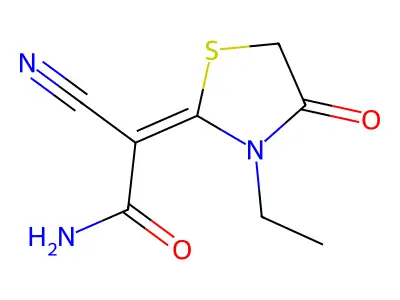(2E)-2-cyano-2-(3-ethyl-4-oxo-1,3-thiazolidin-2-ylidene)acetamide structure