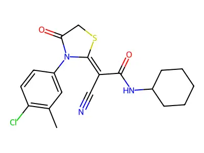 2-[3-(4-chloro-3-methylphenyl)-4-oxo-1,3-thiazolidin-2-ylidene]-2-cyano-N-cyclohexylacetamide structure