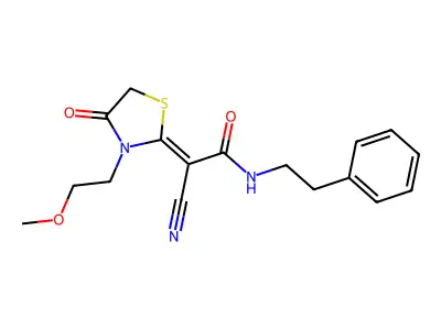 (2Z)-2-cyano-2-[3-(2-methoxyethyl)-4-oxo-1,3-thiazolidin-2-ylidene]-N-phenethylacetamide structure