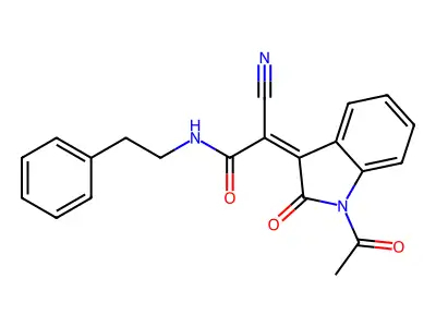 (2Z)-2-(1-acetyl-2-oxoindol-3-ylidene)-2-cyano-N-phenethylacetamide structure