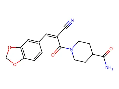 1-{2-[(1,3-Dioxaindan-5-yl)methylidene]-2-cyanoacetyl}piperidine-4-carboxamide structure
