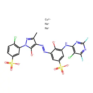 Cuprate(2-), (3-((5-chloro-2,6-difluoro-4-pyrimidinyl)amino)-5-((1-(2-chloro-5-sulfophenyl)-4,5-dihydro-3-methyl-5-(oxo-kappaO)-1H-pyrazol-4-yl)azo-kappaN1)-4-(hydroxy-kappaO)benzenesulfonato(4-))-, disodium structure