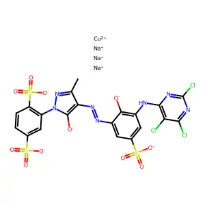 Cuprate(3-), (2-(4,5-dihydro-4-((2-(hydroxy-kappaO)-5-sulfo-3-((2,5,6-trichloro-4-pyrimidinyl)amino)phenyl)azo-kappaN1)-3-methyl-5-(oxo-kappaO)-1H-pyrazol-1-yl)-1,4-benzenedisulfonato(5-))-, trisodium structure