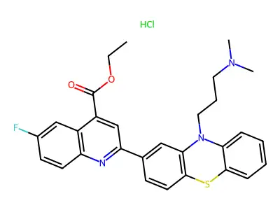 4-Quinolinecarboxylic acid, 2-(10-(3-(dimethylamino)propyl)-10H-phenothiazin-2-yl)-6-fluoro-,ethyl ester, monohydrochloride structure