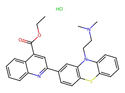 4-Quinolinecarboxylic acid, 2-(10-(2-(dimethylamino)ethyl)-10H-phenothiazin-2-yl)-, ethyl ester, monohydrochloride structure