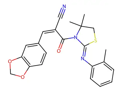(Z)-3-(1,3-Benzodioxol-5-yl)-2-[4,4-dimethyl-2-(2-methylphenyl)imino-1,3-thiazolidine-3-carbonyl]prop-2-enenitrile structure