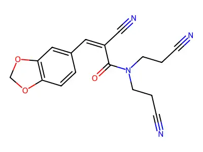 3-(1,3-dioxaindan-5-yl)-2-cyano-N,N-bis(2-cyanoethyl)prop-2-enamide structure