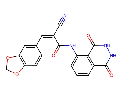 3-(1,3-dioxaindan-5-yl)-2-cyano-N-(1,4-dioxo-1,2,3,4-tetrahydrophthalazin-5-yl)prop-2-enamide structure