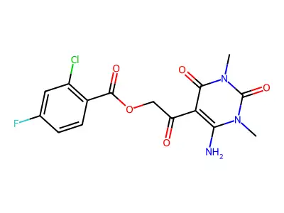 [2-(4-amino-1,3-dimethyl-2,6-dioxopyrimidin-5-yl)-2-oxoethyl] 2-chloro-4-fluorobenzoate structure