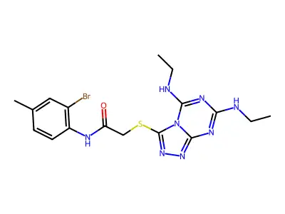 2-[[5,7-bis(ethylamino)-[1,2,4]triazolo[4,3-a][1,3,5]triazin-3-yl]sulfanyl]-N-(2-bromo-4-methylphenyl)acetamide structure