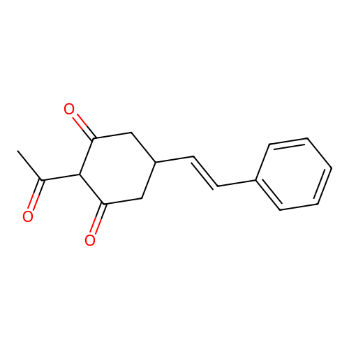 2-acetyl-5-[(E)-2-phenylethenyl]cyclohexane-1,3-dione structure