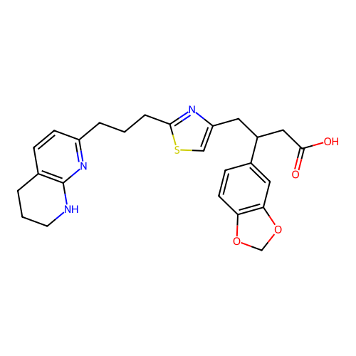 3-(benzo[d][1,3]dioxol-5-yl)-4-(2-(3-(5,6,7,8-tetrahydro-1,8-naphthyridin-2-yl)propyl)thiazol-4-yl)butanoic acid structure