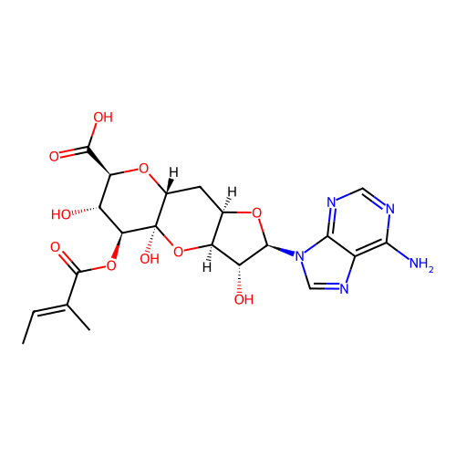 (2R,3R,3aR,4aR,5S,6S,7S,8aR,9aR)-2-(6-Amino-9H-purin-9-yl)-3,4a,6-trihydroxy-5-(((E)-2-methylbut-2-enoyl)oxy)decahydrofuro[3,2-b]pyrano[2,3-e]pyran-7-carboxylic acid structure