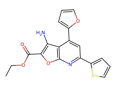Ethyl 3-amino-4-(2-furyl)-6-(2-thienyl)furo[2,3-b]pyridine-2-carboxylate structure