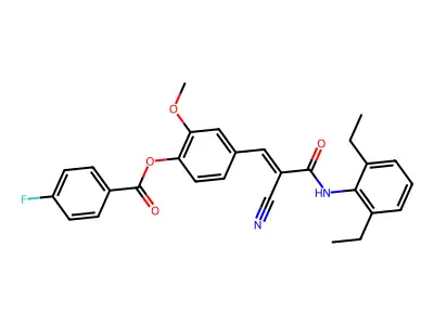 [4-[(E)-2-cyano-3-(2,6-diethylanilino)-3-oxoprop-1-enyl]-2-methoxyphenyl] 4-fluorobenzoate structure