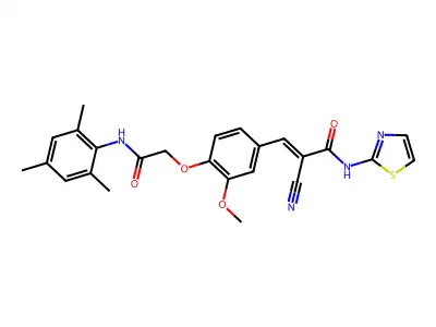(E)-2-cyano-3-[3-methoxy-4-[2-oxo-2-(2,4,6-trimethylanilino)ethoxy]phenyl]-N-(1,3-thiazol-2-yl)prop-2-enamide structure