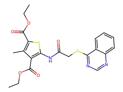 Diethyl 3-methyl-5-(2-(quinazolin-4-ylthio)acetamido)thiophene-2,4-dicarboxylate structure