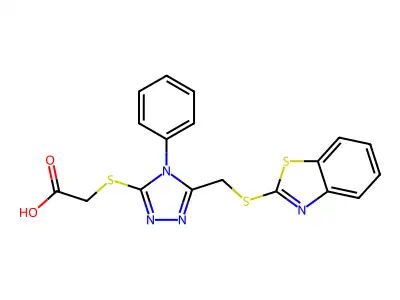 2-({5-[(1,3-benzothiazol-2-ylsulfanyl)methyl]-4-phenyl-4H-1,2,4-triazol-3-yl}sulfanyl)acetic acid structure