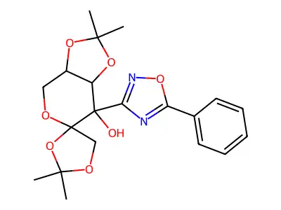 2,2,2',2'-tetramethyl-7'-(5-phenyl-1,2,4-oxadiazol-3-yl)spiro[1,3-dioxolane-4,6'-4,7a-dihydro-3aH-[1,3]dioxolo[4,5-c]pyran]-7'-ol structure