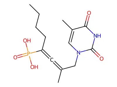 [2-Methyl-1-(5-methyl-2,4-dioxopyrimidin-1-yl)octa-2,3-dien-4-yl]phosphonic acid structure