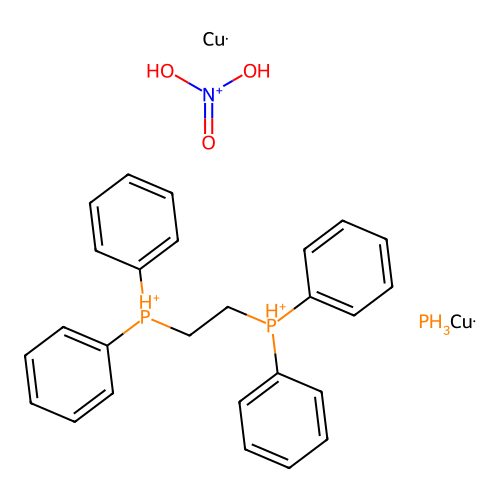 IUPAC: Copper; Dihydroxy-oxo-azanium; 2-diphenylphosphaniumylethyl-diphenyl-phosphanium; Phosphane structure