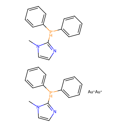 Bis(gold(1+));bis((1-methylimidazol-2-yl)-diphenylphosphanium) structure