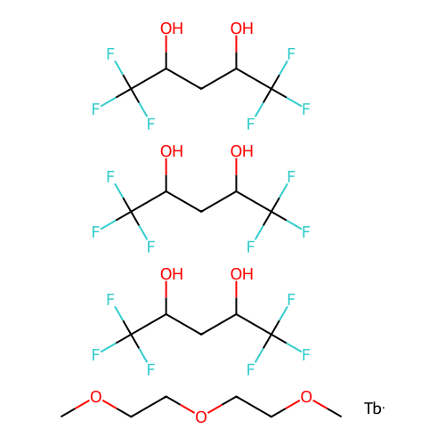 IUPAC: 1,1,1,5,5,5-hexafluoropentane-2,4-diol; 1-methoxy-2-(2-methoxyethoxy)ethane; Terbium structure