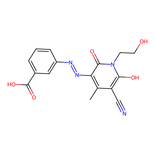 (E)-3-(2-(5-cyano-1-(2-hydroxyethyl)-4-methyl-2,6-dioxo-1,6-dihydropyridin-3(2H)-ylidene)hydrazinyl)benzoic acid structure