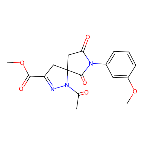 methyl 1-acetyl-7-(3-methoxyphenyl)-6,8-dioxo-1,2,7-triazaspiro[4.4]non-2-ene-3-carboxylate structure