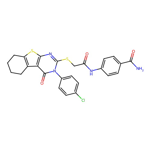 4-(2-((3-(4-chlorophenyl)-4-oxo-3,4,5,6,7,8-hexahydrobenzo[4,5]thieno[2,3-d]pyrimidin-2-yl)thio)acetamido)benzamide structure