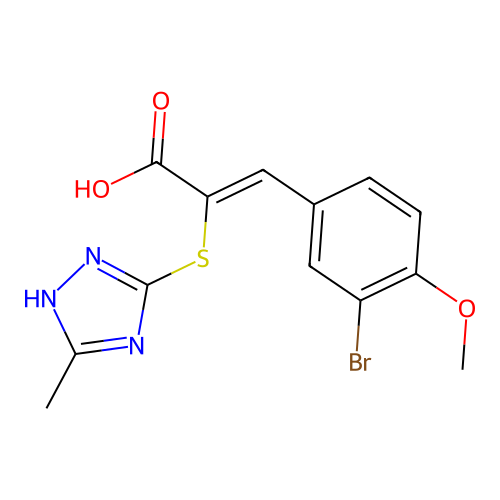 (Z)-3-(3-bromo-4-methoxyphenyl)-2-((5-methyl-4H-1,2,4-triazol-3-yl)thio)acrylic acid structure