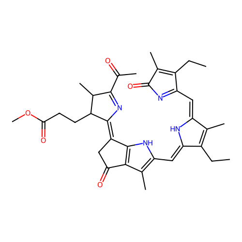methyl 3-[5-acetyl-2-[2-[[3-ethyl-5-[(3-ethyl-4-methyl-5-oxopyrrol-2-yl)methylidene]-4-methylpyrrol-2-ylidene]methyl]-3-methyl-4-oxo-1H-cyclopenta[b]pyrrol-6-ylidene]-4-methyl-3,4-dihydropyrrol-3-yl]propanoate structure