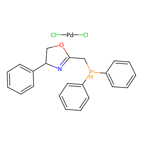 IUPAC: Dichloropalladium; Diphenyl-[(4-phenyl-4,5-dihydro-1,3-oxazol-2-yl)methyl]phosphanium structure