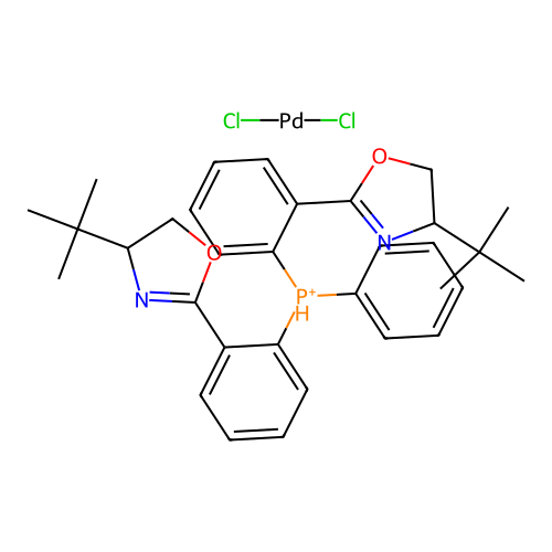IUPAC: Dichloropalladium; Phenyl-bis[2-(4-tert-butyl-4,5-dihydro-1,3-oxazol-2-yl)phenyl]phosphanium structure