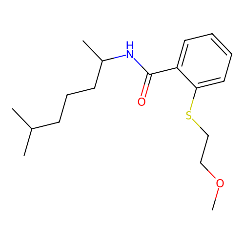 2-[(2-methoxyethyl)sulfanyl]-N-(6-methylheptan-2-yl)benzamide structure