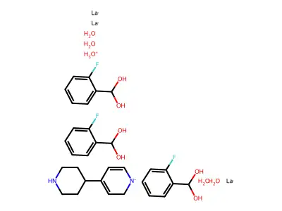 IUPAC: Oxidanium; (2-fluorophenyl)methanediol; Lanthanum; 4-(4-piperidyl)-6H-pyridine; Tetrahydrate structure