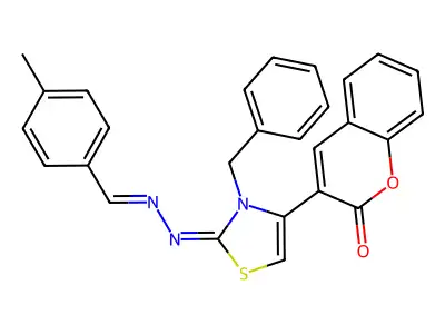 3-[3-benzyl-2-[(4-methylphenyl)methylidenehydrazinylidene]-1,3-thiazol-4-yl]chromen-2-one structure