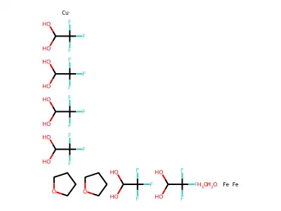 Oxidanium;copper;iron;oxolane;hexakis(2,2,2-trifluoroethane-1,1-diol);hydrate structure