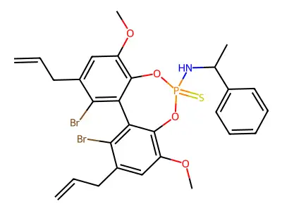 1,11-dibromo-4,8-dimethoxy-N-(1-phenylethyl)-2,10-bis(prop-2-enyl)-6-sulfanylidenebenzo[d][1,3,2]benzodioxaphosphepin-6-amine structure