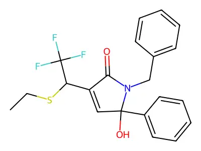 1-Benzyl-3-(1-ethylsulfanyl-2,2,2-trifluoroethyl)-5-hydroxy-5-phenylpyrrol-2-one structure