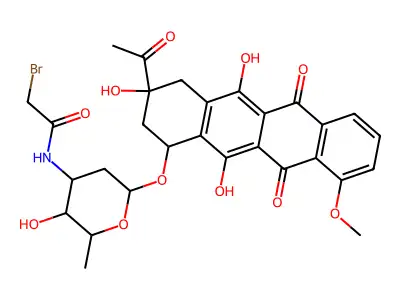 N-[6-[(3-acetyl-3,5,12-trihydroxy-10-methoxy-6,11-dioxo-2,4-dihydro-1H-tetracen-1-yl)oxy]-3-hydroxy-2-methyloxan-4-yl]-2-bromoacetamide structure