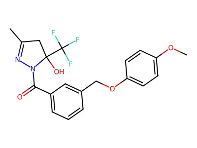 1-{3-[(4-methoxyphenoxy)methyl]benzoyl}-3-methyl-5-(trifluoromethyl)-4,5-dihydro-1H-pyrazol-5-ol structure