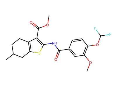 methyl 2-({[4-(difluoromethoxy)-3-methoxyphenyl]carbonyl}amino)-6-methyl-4,5,6,7-tetrahydro-1-benzothiophene-3-carboxylate structure