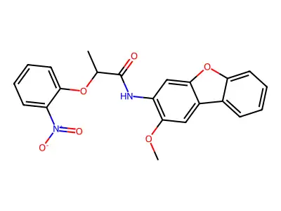 N-(2-methoxydibenzofuran-3-yl)-2-(2-nitrophenoxy)propanamide structure
