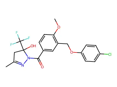 [3-[(4-chlorophenoxy)methyl]-4-methoxyphenyl]-[5-hydroxy-3-methyl-5-(trifluoromethyl)-4H-pyrazol-1-yl]methanone structure
