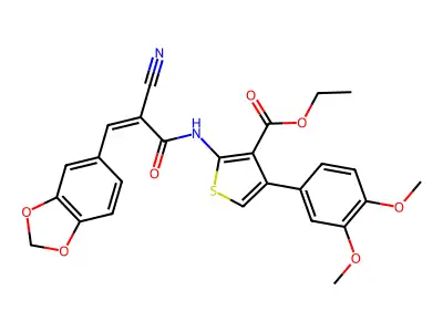 Ethyl 2-[[(Z)-3-(1,3-benzodioxol-5-yl)-2-cyanoprop-2-enoyl]amino]-4-(3,4-dimethoxyphenyl)thiophene-3-carboxylate structure