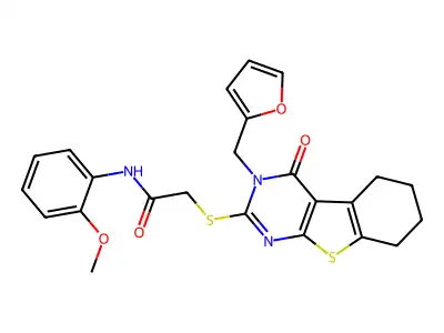 2-[3-(2-furylmethyl)-4-oxo(3,5,6,7,8-pentahydrobenzo[b]thiopheno[2,3-d]pyrimid in-2-ylthio)]-N-(2-methoxyphenyl)acetamide structure