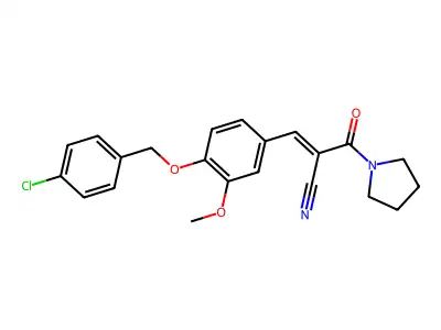 (E)-3-[4-[(4-chlorophenyl)methoxy]-3-methoxyphenyl]-2-(pyrrolidine-1-carbonyl)prop-2-enenitrile structure