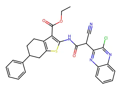 ethyl 2-[[2-(3-chloroquinoxalin-2-yl)-2-cyanoacetyl]amino]-6-phenyl-4,5,6,7-tetrahydro-1-benzothiophene-3-carboxylate structure
